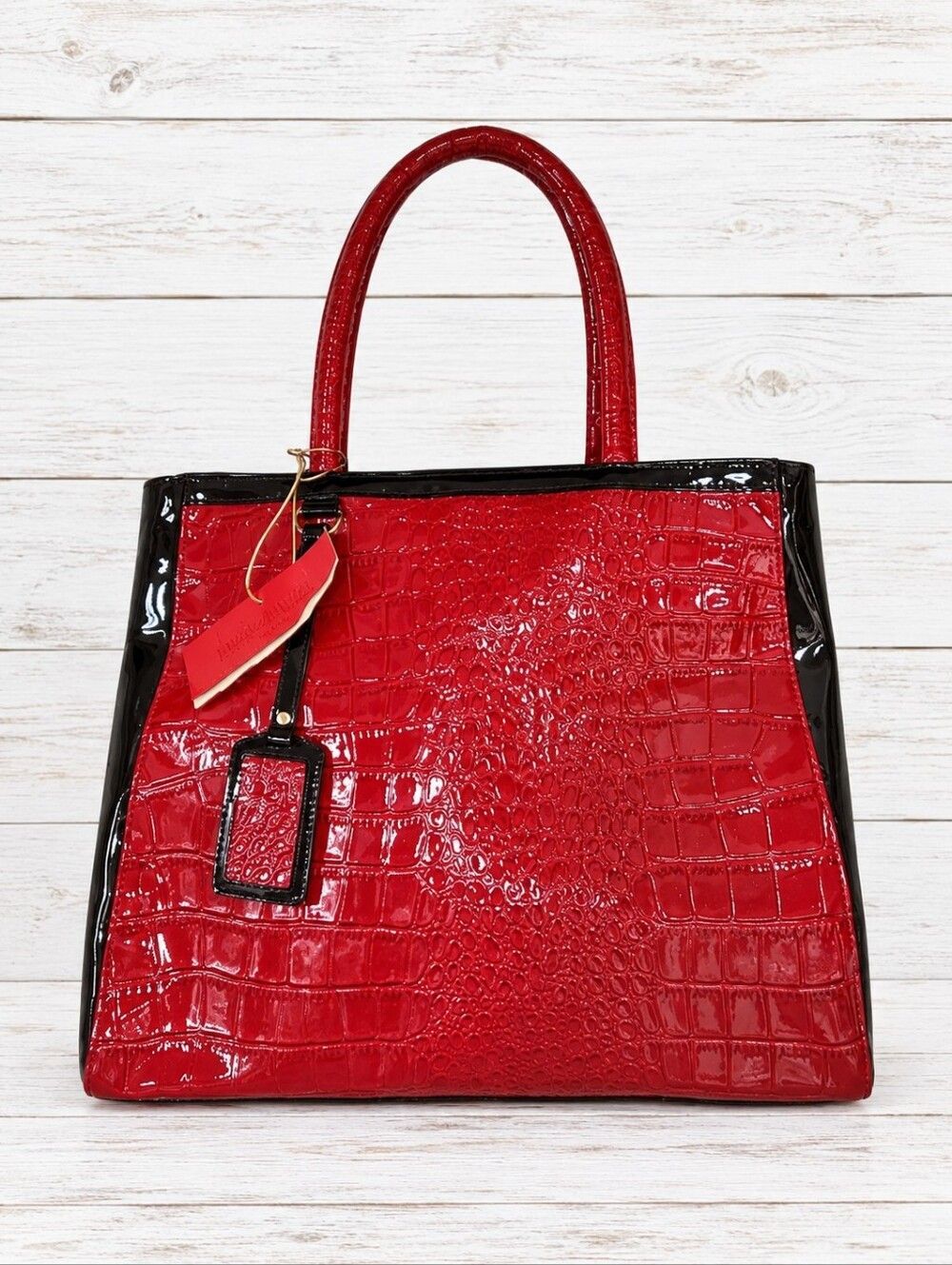 Elizabeth Arden Red Faux Croc Black Patent Leather Dual Handle Expandable Tote
